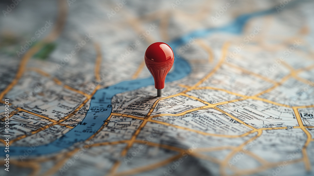 Wall mural red pin pointing location showing travel destination on map