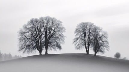 Fototapeta premium Winter landscape with trees, minimalistic, snow-covered ground, foggy, white background,