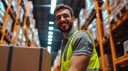 Warehouse worker scanning box while smiling at camera.