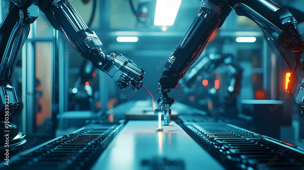 Poster a robot arm is reaching out to grab something. the robot is yellow and has a metallic look to it. th