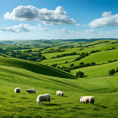 Fototapeta premium Sheep Grazing in a Lush Green Valley Photo