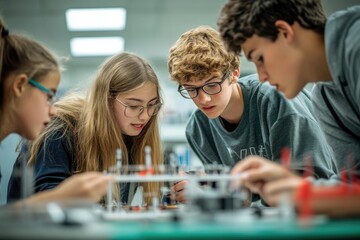 Fototapeta premium High school students working together on a physics experiment, discussing hypotheses and outcomes, symbolizing hands-on learning and collaboration in education