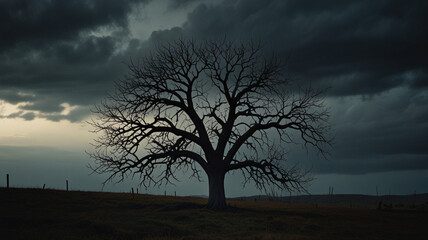Fototapeta premium Dark and Gloomy Tree Silhouette Against Stormy Sky