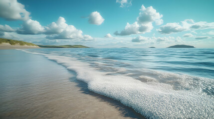 Fototapeta premium Beach with Foamy Waves and Islands in the Distance - Realistic Image