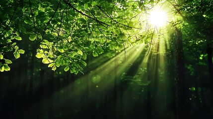 Obraz premium A serene forest scene with sunlight filtering through lush green leaves, creating a peaceful and refreshing atmosphere.