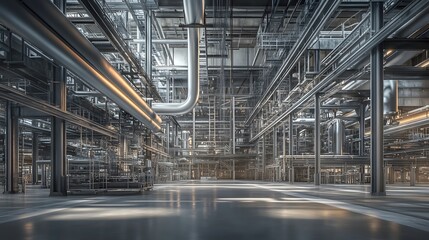 Fototapeta premium A large industrial building with many pipes and wires. The building is empty and the pipes are hanging from the ceiling