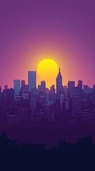 Naklejka premium Vibrant sunset over the New York skyline illuminating skyscrapers in twilight hues