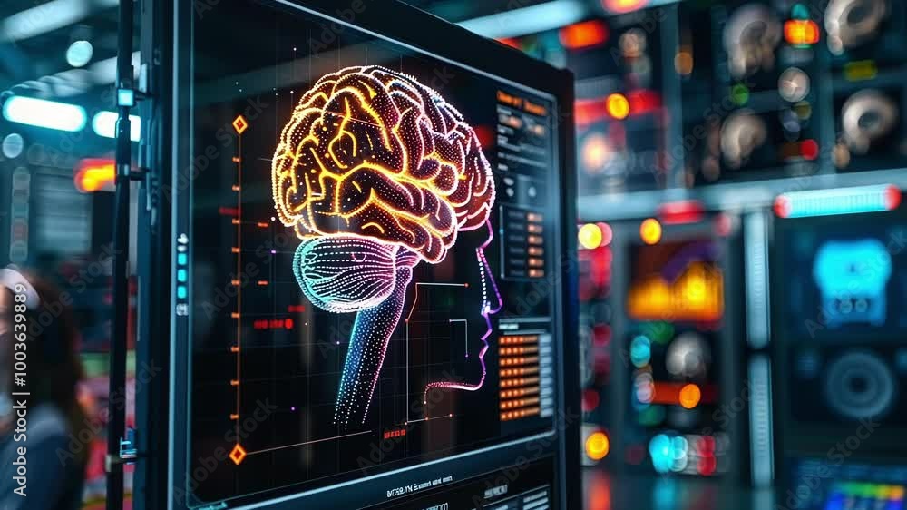 Poster team of scientists is working in a futuristic laboratory analyzing a 3d brain scan displayed on a sc