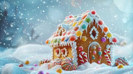 Fototapeta premium A beautifully decorated gingerbread house with colorful icing and candy decorations, set against a snowy background