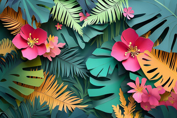 Tropical Papercut Background with Layered Palm Leaves for a Lush Visual Effect