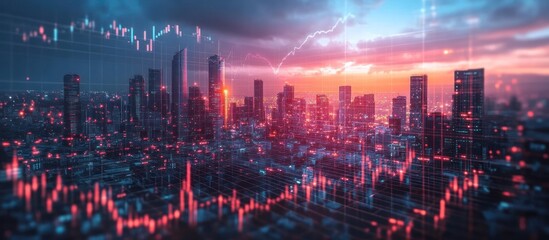Fototapeta premium Skyline of a modern city with a dramatic sunset and overlayed stock market data charts.