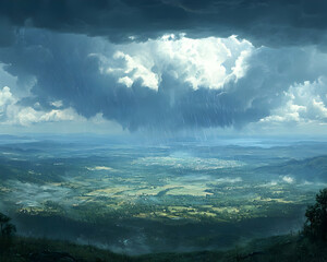 Fototapeta premium Rainy Landscape Illustration - Storm Clouds over Verdant Valley