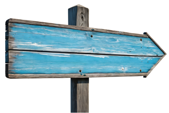 A  blue wooden signpost isolated on a transparent or white background.