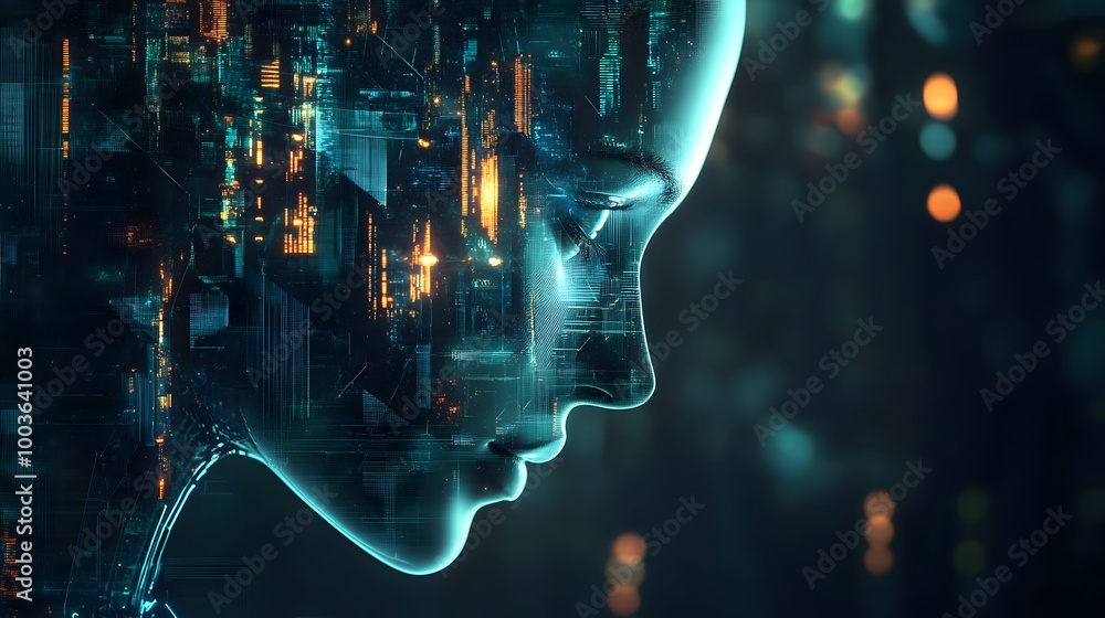 Aufkleber a computer generated face with a city in the background. the face is surrounded by a blue and green 