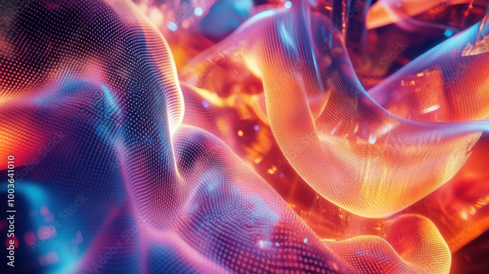Poster dynamic 3d holographic shapes with shifting patterns and a radiant glow, creating a futuristic