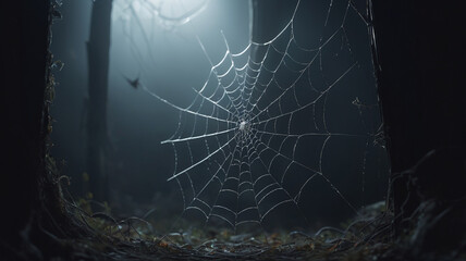 Ethereal Spider Web in Foggy Forest Setting