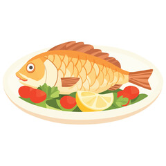 A plate of fried fish with vegetables Vector