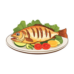 A plate of fried fish with vegetables Vector