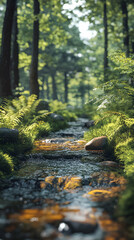 Fototapeta premium Serene Creek Flowing Through Lush Green Forest - Realistic Illustration