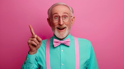 A close-up of an aged man with an open mouth, pointing to empty space for Black Friday prices.