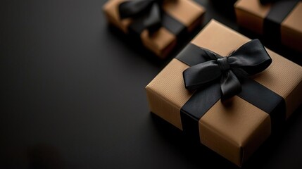 Gifts adorned with black ribbons against a black background, capturing the essence of Black Friday.