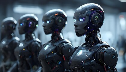Fototapeta premium Humanoid Robots: Futuristic humanoid robots in daily life, AI-powered robots, smart home robots, robots in education 