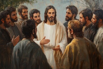 A painting of Jesus Christ surrounded by his Apostles during the Sermon on the Mount, rendered with fine brush strokes and rich textures in oil on canvas.