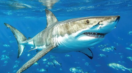 Fototapeta premium Majestic Great White Shark Swimming in Blue Ocean