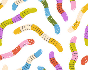 Seamless pattern, gummy worms, jelly candies. Sweet chewy confectionery, gum treats, snacks, repeating print. Endless background design for wrapping, fabric, textile. Colored flat vector illustration