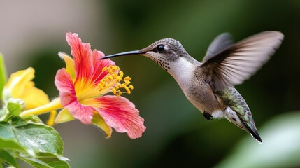 Hummingbird Feeding on Vibrant Hibiscus Flower