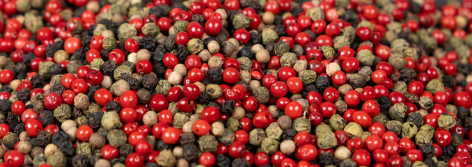 Long banner background of different types of peppercorns. Bright aromatic spices and seasonings.