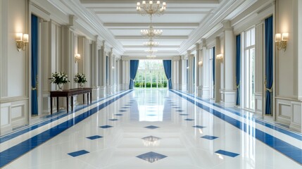 3D rendering of a luxurious blue and white marble floor in an elegant mansion hallway with sleek furniture and chandeliers