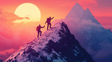 Hiker helping friend reach the mountain top, Generative Ai illustration
