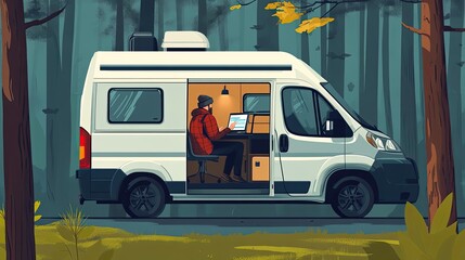 A man working on a laptop inside a camper van parked in a forest