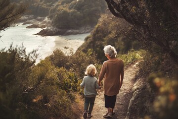 Naklejka premium High-resolution brightly lit photorealistic candid photograph of a grandmother and grandchild exploring a scenic coastal trail, sharing the beauty of nature and each other’s company. The photograph