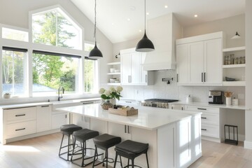 Minimalist white kitchen with cozy seating and elegant design