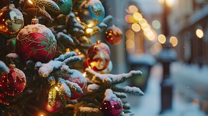 Naklejka premium A beautifully decorated outdoor Christmas tree with colorful ornaments and twinkling lights