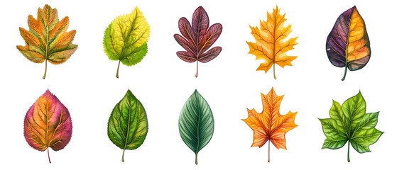 Variety of colorful leaves isolated on a white background, showcasing their unique shapes and textures. transparent background