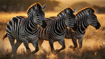 zebras in the savannah during sunrise 