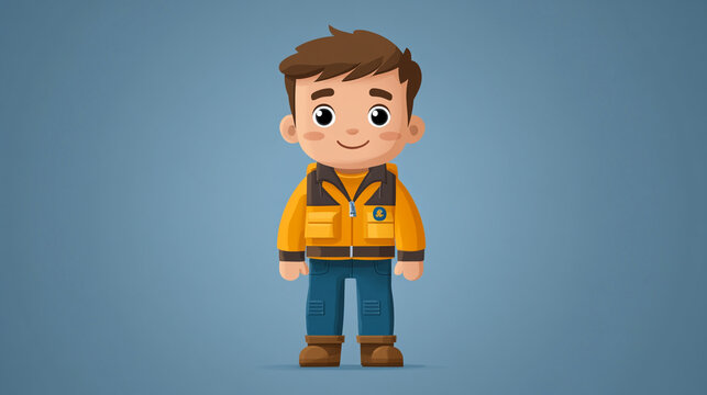 Cartoon character of a boy wearing a bright orange jacket, smiling against a blue background. Perfect for children's illustrations.