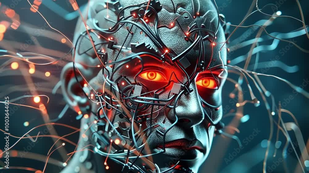 Poster network of glowing wires and nodes is attached to a human brain, suggesting advanced neural enhancem