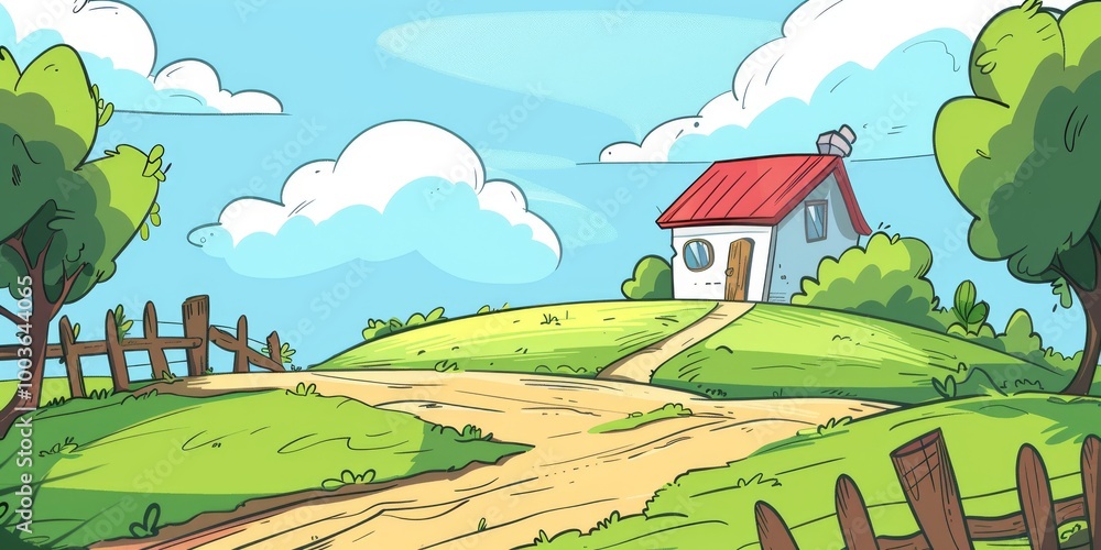 Poster simple cartoon scene with hand-drawn elements and ample copy space.