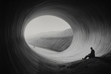  Black and white photography of a man sitting in the middle, looking at an endless spiral tunnel with mountains in the distance. Created with Ai