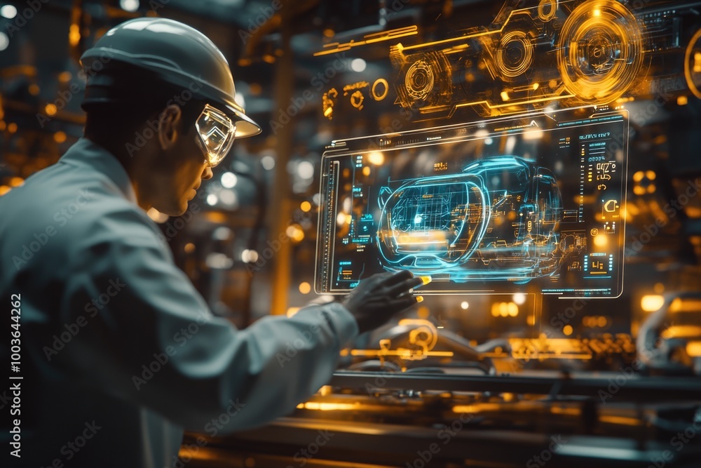 Aufkleber very realistic and photographic photo of an engineer operating a holographic data display within a s