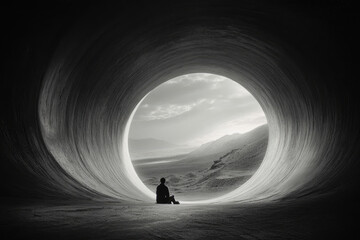 A man sits in the center of an endless spiral tunnel, surrounded by vast wilderness and mountains. Created with Ai