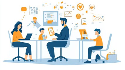 Family Working Together at a Table with Laptops and Papers