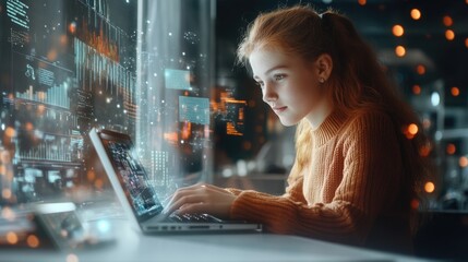 Very realistic and photographic photo of a young marketer using a laptop, surrounded by a holographic display showing complex data related to business innovation. The photograph is styled like a