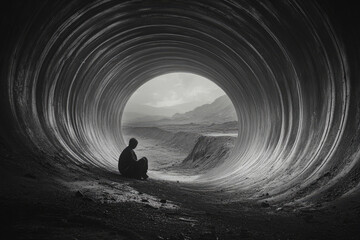 Black-and-white photography of a man sitting in the middle of a giant pipe, with a landscape of mountains in the background. Created with Ai