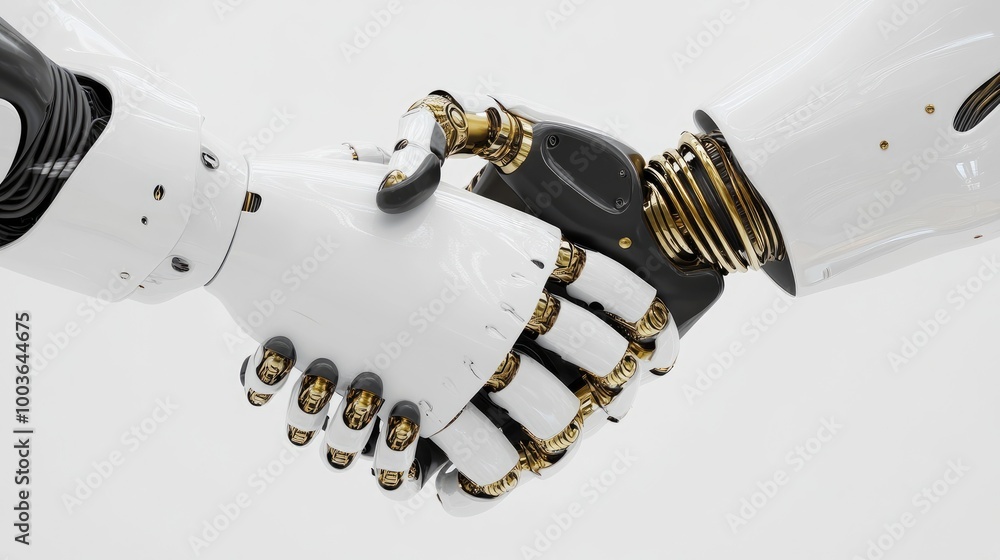 Poster robots shaking hands in a futuristic environment