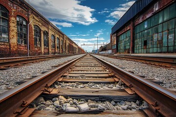 Obraz premium Steel tracks wind through a landscape of factories, embodying the spirit of industry and advancement.